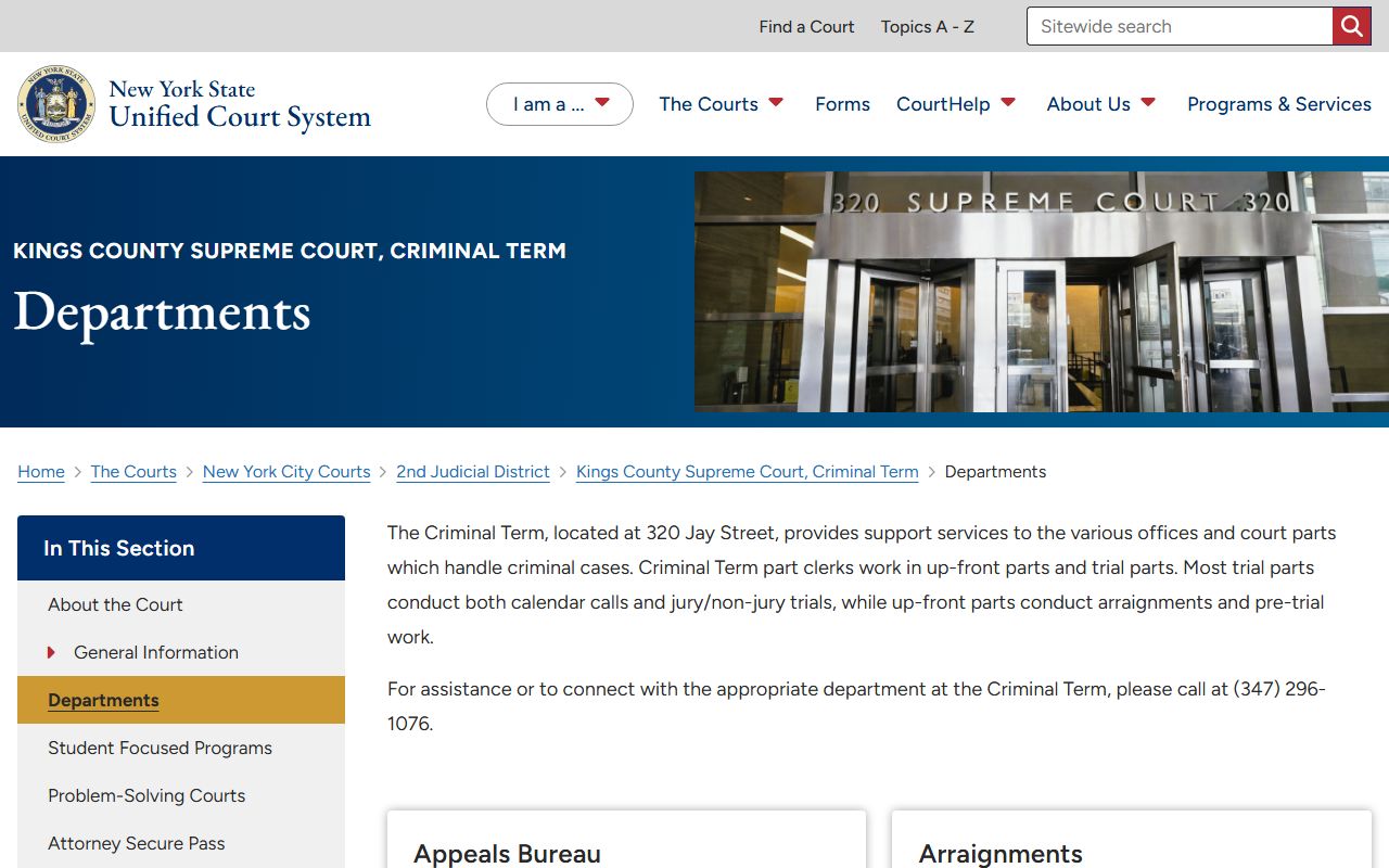 Kings County Supreme Court Criminal Term departments page