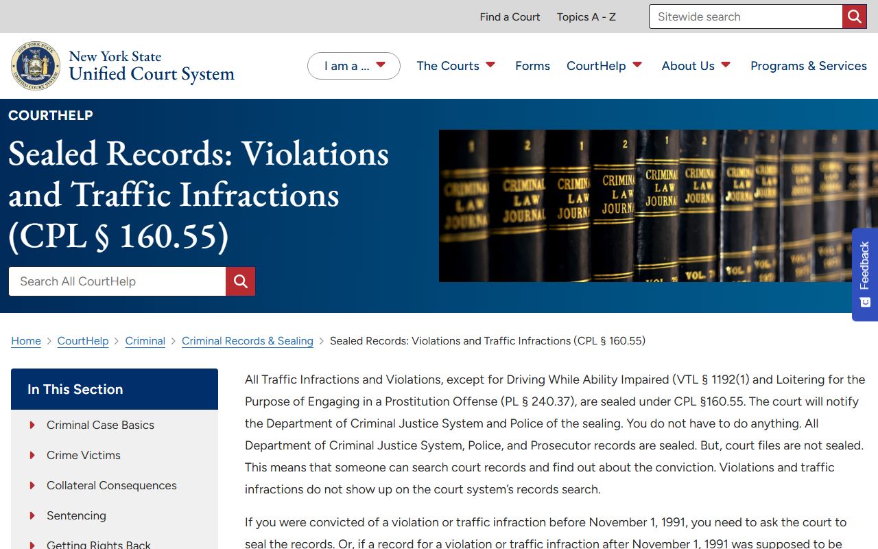 CourtHelp CPL 160.55 page about Kings County arrest records sealing