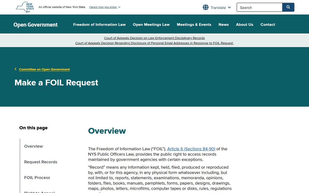 Committee on Open Government FOIL request guidance for Kings County public records