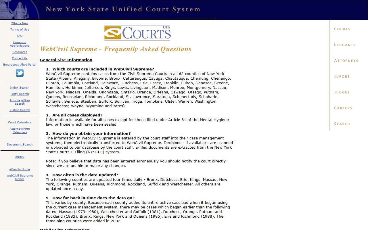 WebCivil Supreme FAQ screen explaining Kings County court dockets coverage and update frequency