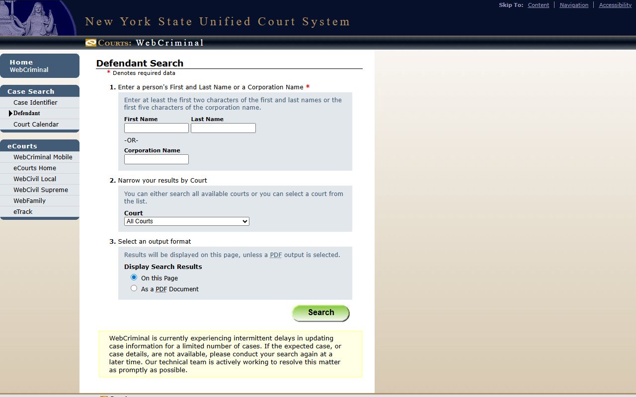 WebCriminal defendant search form for Kings County court dockets in Brooklyn