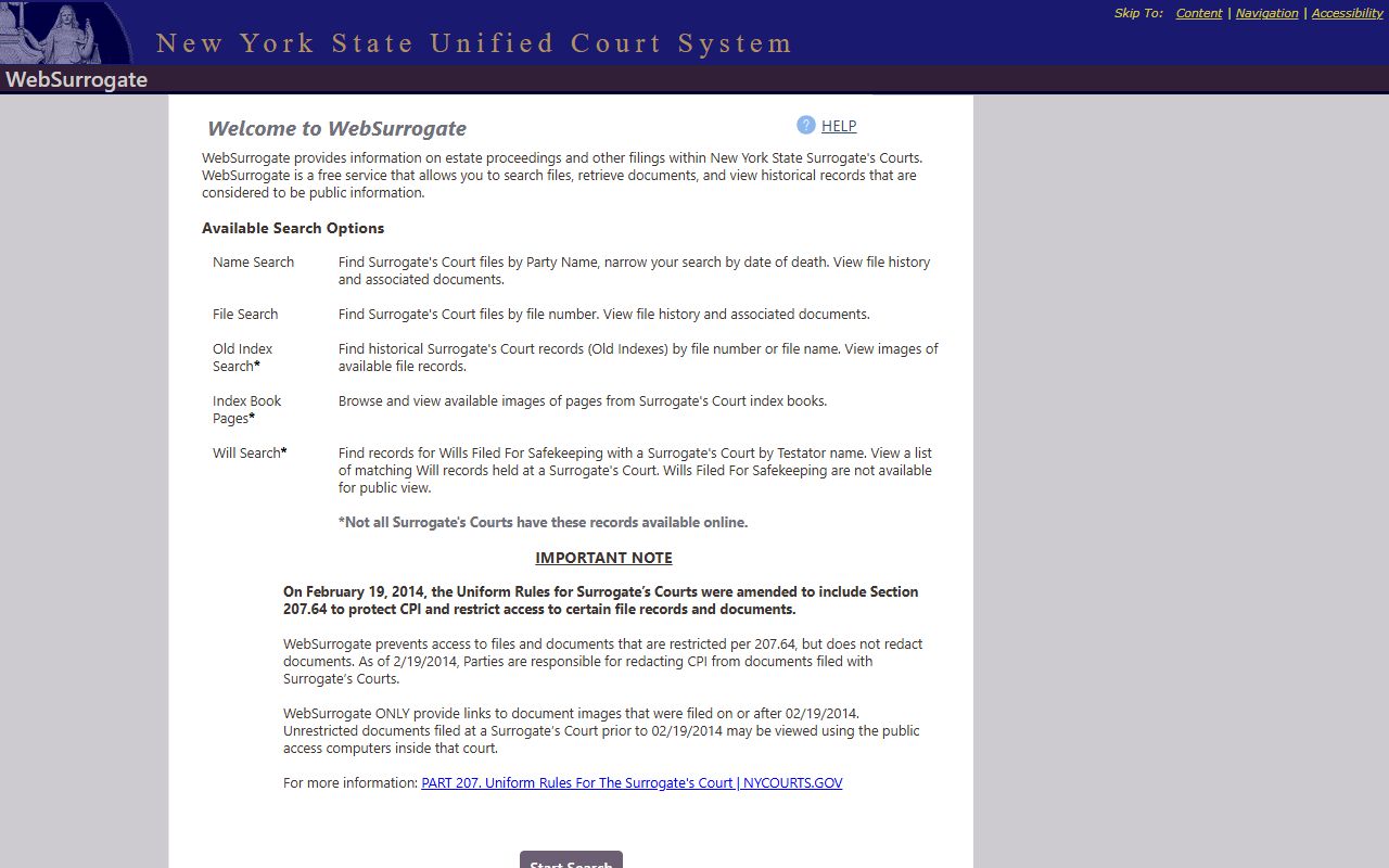 WebSurrogate landing page used to look up Kings County court dockets for estate and probate files