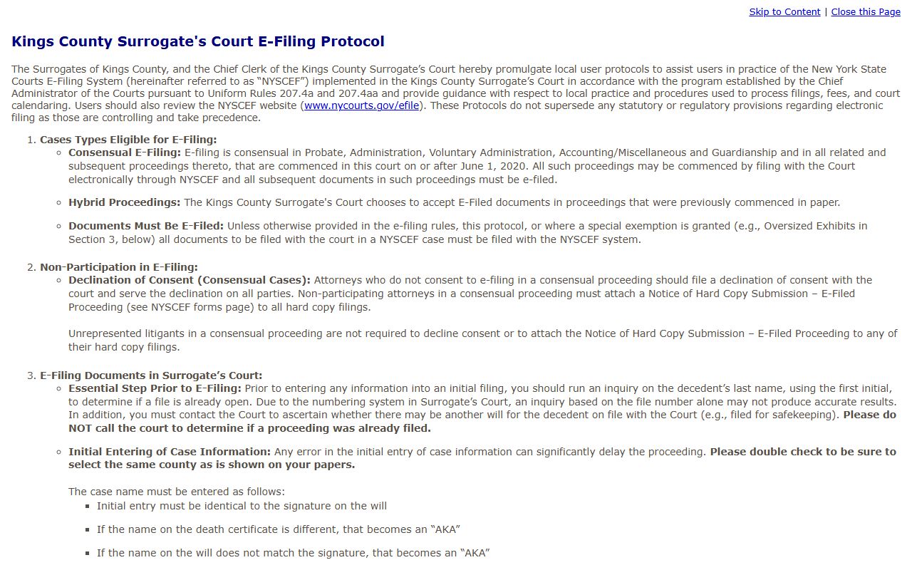 Kings County Surrogate's Court e-filing protocol for probate and estate records
