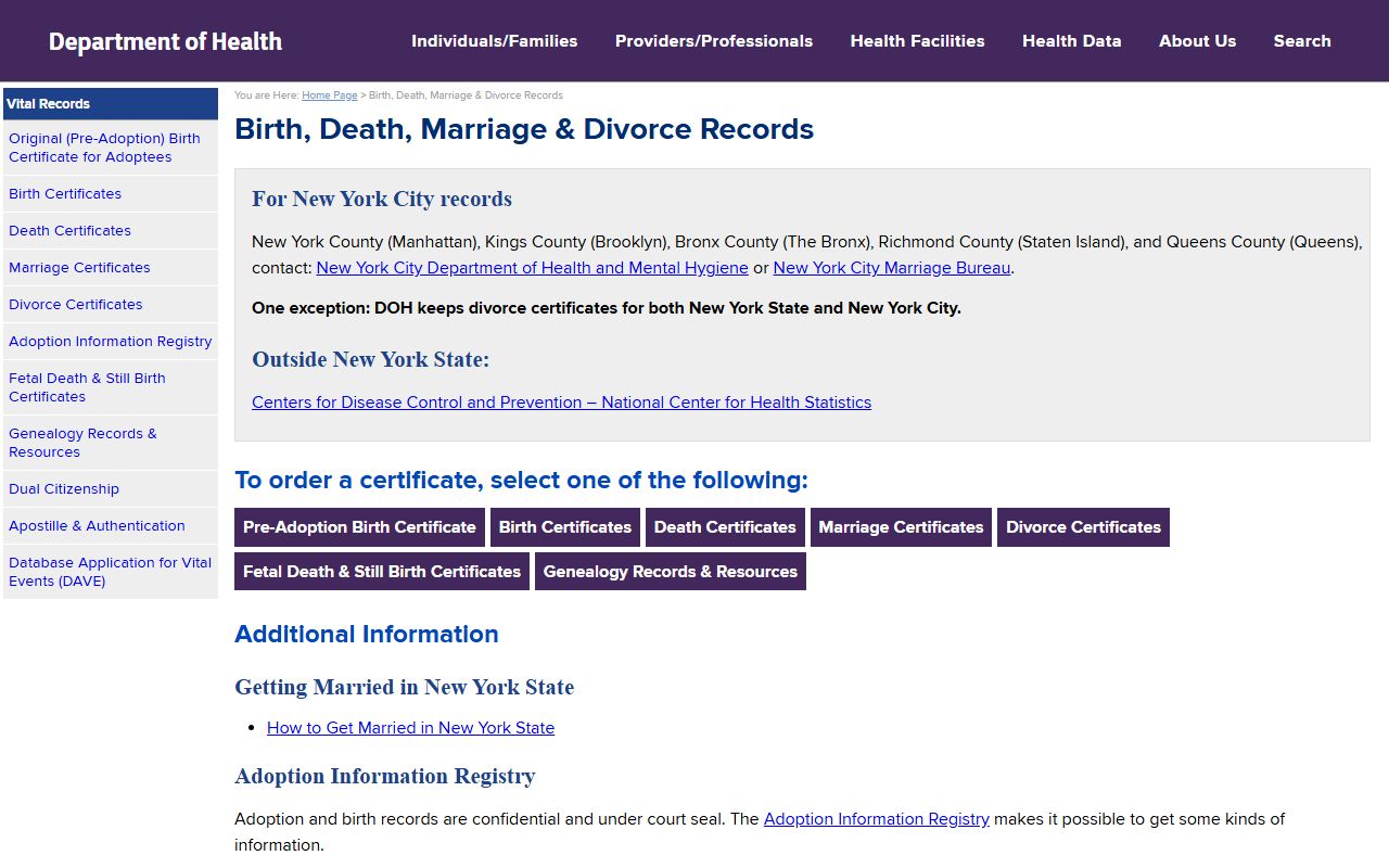 New York State vital records page for Kings County marriage and divorce records